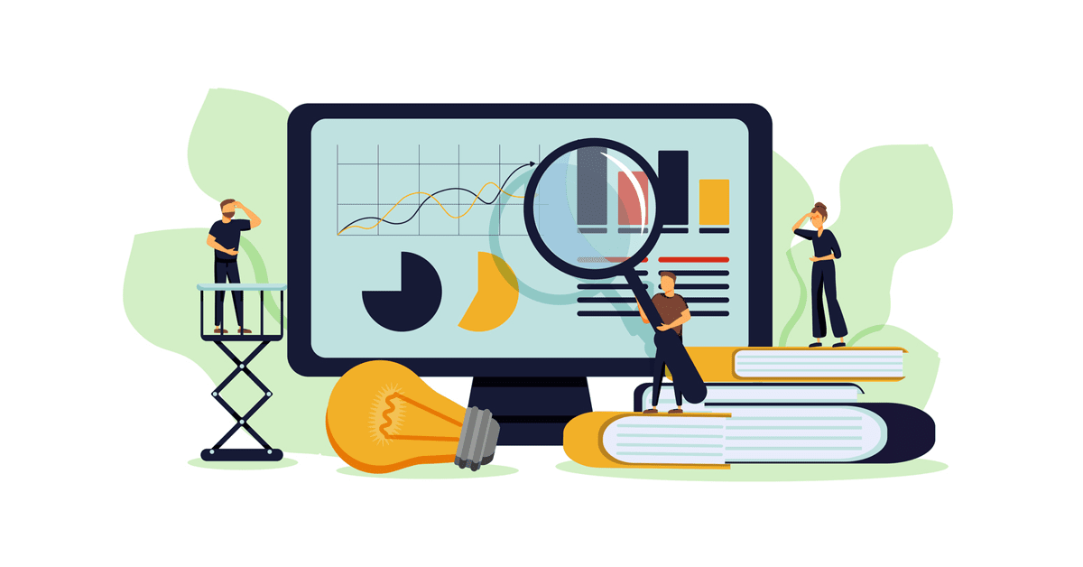  Illustration of a person using a magnifying glass to analyze graphs and charts on a computer screen while two other people stand on a ladder and books looking at the data.