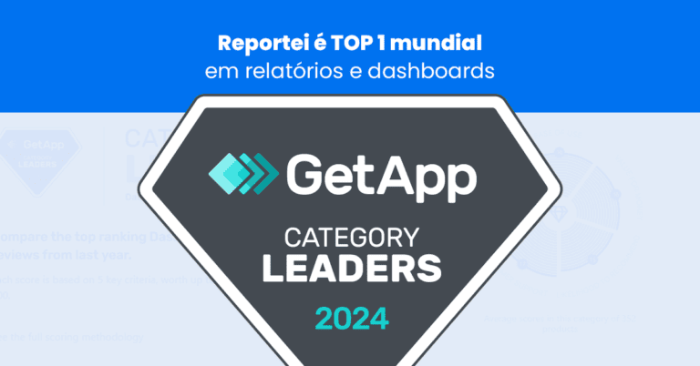Imagem mostra um selo com as palavras Get App e Category Leaders 2024. Em cima, esta escrito: Reportei é TOP 1 mundial em relatórios e dashboards