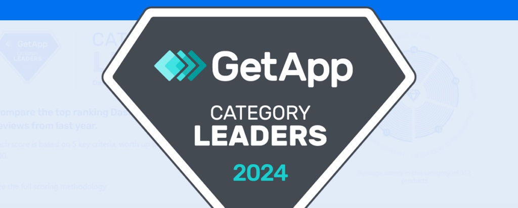 Imagem mostra um selo com as palavras Get App e Category Leaders 2024. Em cima, esta escrito: Reportei é TOP 1 mundial em relatórios e dashboards