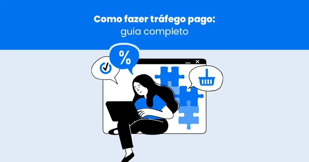 Pessoa com laptop e ícones que representam como fazer tráfego pago, ilustrando campanhas de anúncios e conversões.