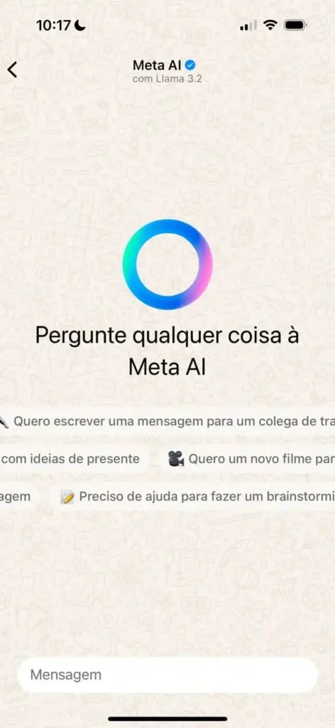 Tela da Meta AI no WhatsApp Tela do WhatsApp exibindo a interface da Meta AI com opções de interação e sugestões de mensagens.