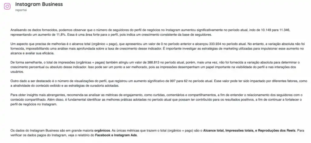 IA no marketing digital: análise de Instagram Tela do Reportei mostrando a IA no marketing digital para análise de Instagram