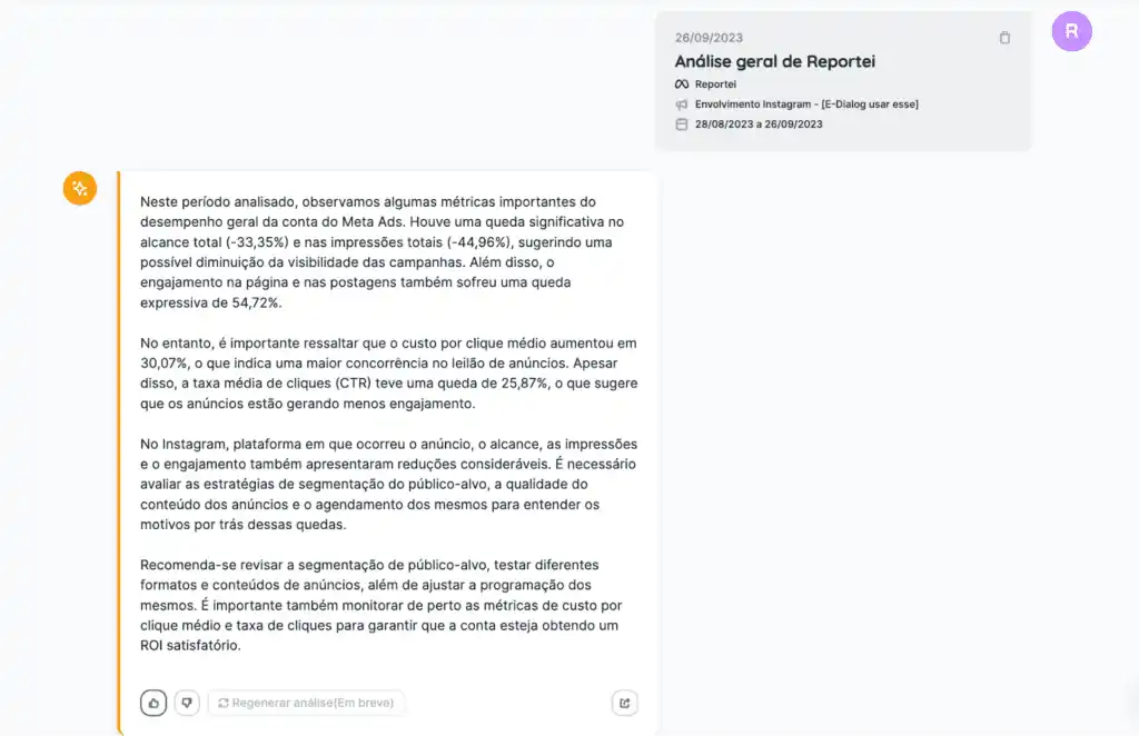 IA no marketing digital: análise de tráfego pago Tela do Reportei mostrando a IA no marketing digital para análise de tráfego pago
