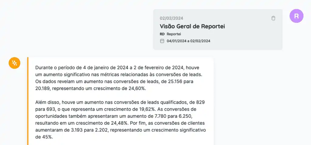 IA no marketing digital: análise de e-mail Tela do Reportei mostrando a IA no marketing digital para análise de e-mail