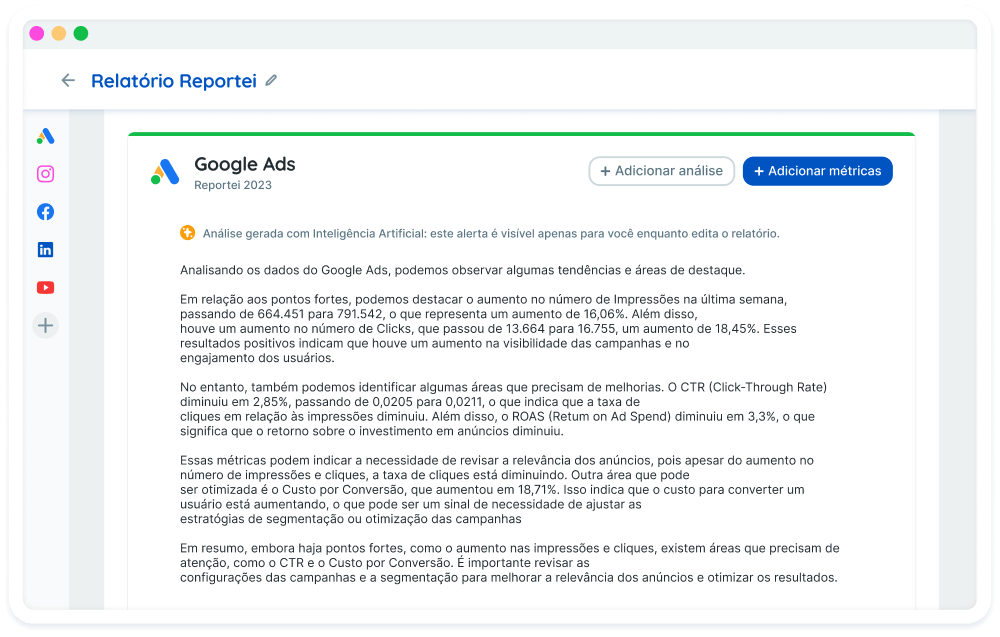 IA no marketing digital: relatórios do Google Ads Tela do Reportei mostrando o uso de IA para relatórios do Google Ads