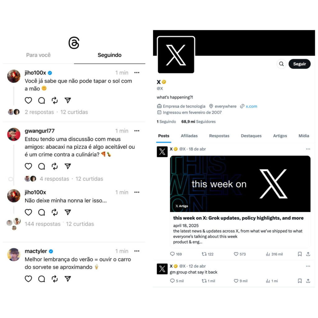Exemplos Threads e Twitter