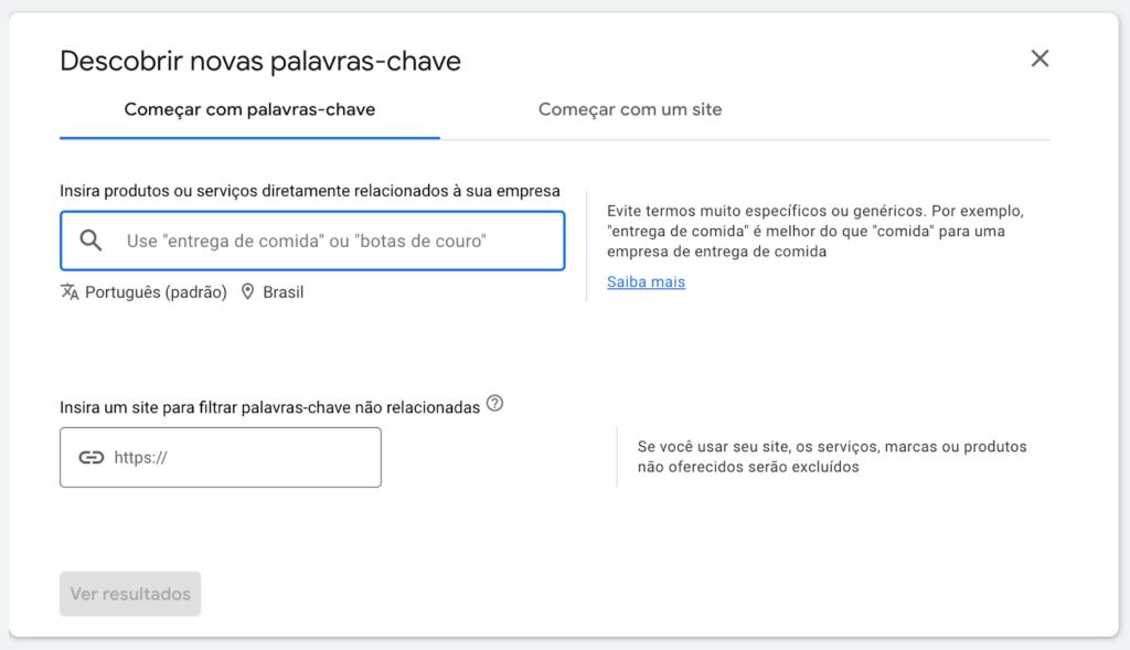 Ferramenta de pesquisa de palavras-chave no Google Ads