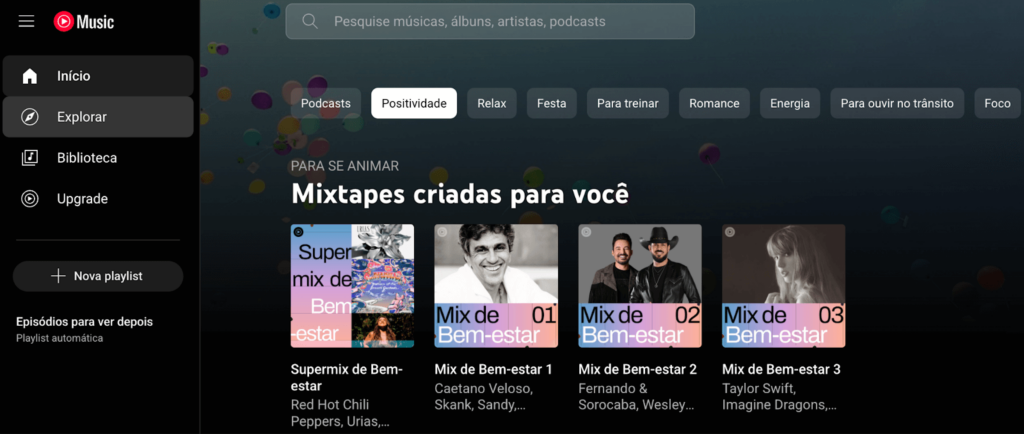Home da plataforma do YouTube Music