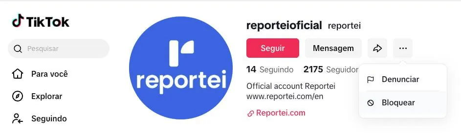 Como bloquear no TikTok pelo computador Tela do TikTok no computador mostrando menu com opções denunciar e bloquear em perfil aberto