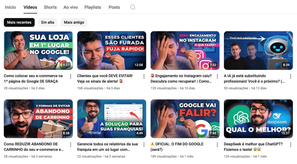 Exemplo de feed do YouTube com várias thumbnails destacando cores, textos e estratégias visuais.