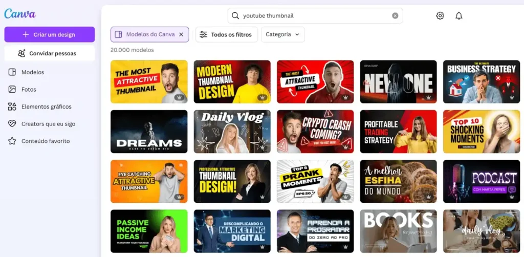 Tela do Canva mostrando diversos modelos de thumbnails para YouTube com cores e estilos variados.