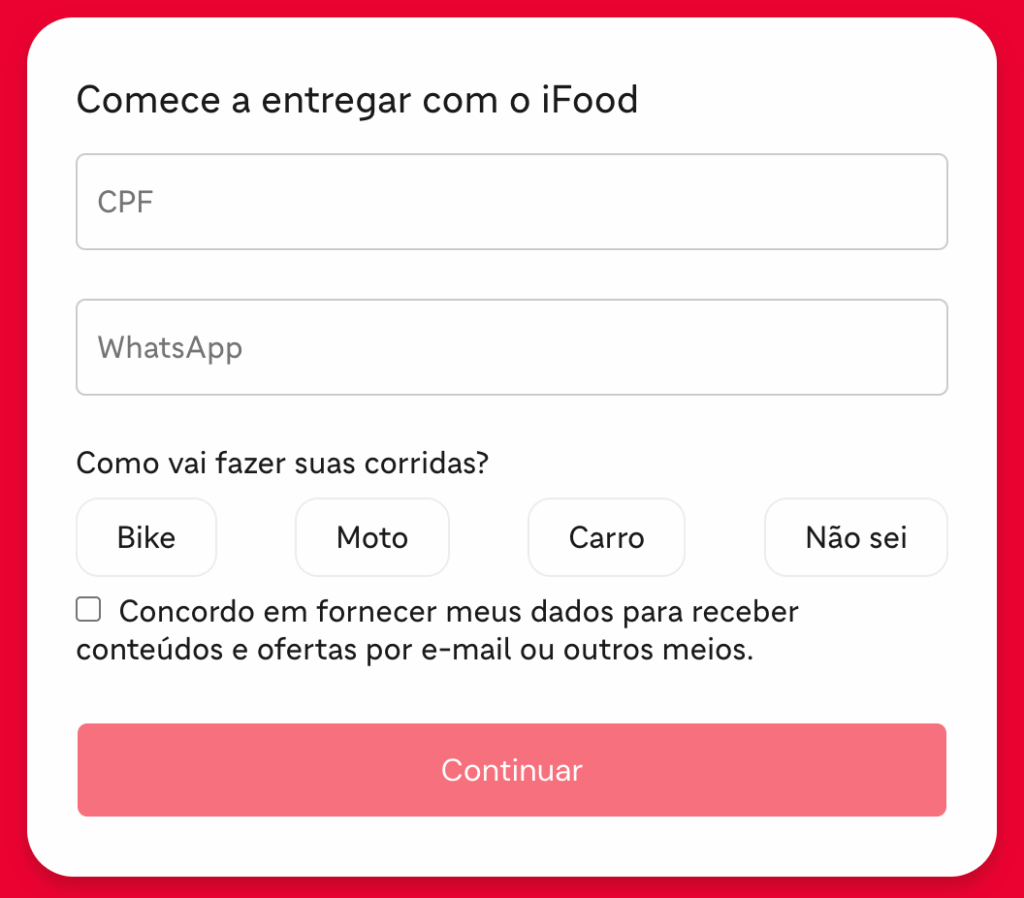 Formulário de cadastro no Portal do Entregador no iFood
