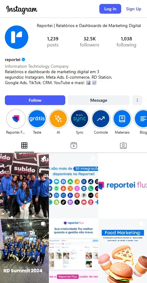 Bio do Instagram do Reportei Bio do Instagram do Reportei mostra descrições sobre relatórios e dashboards de marketing digital integrados com várias plataformas.