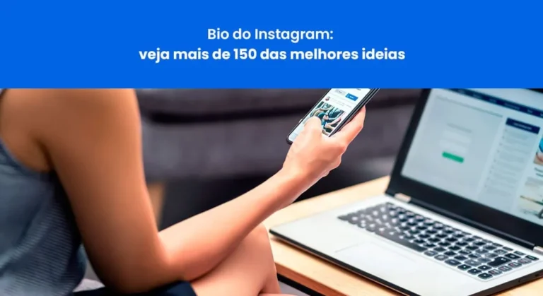 Pessoa usa o celular com o app aberto ao lado do notebook; inspiração de bio para Instagram com ideias para perfis.