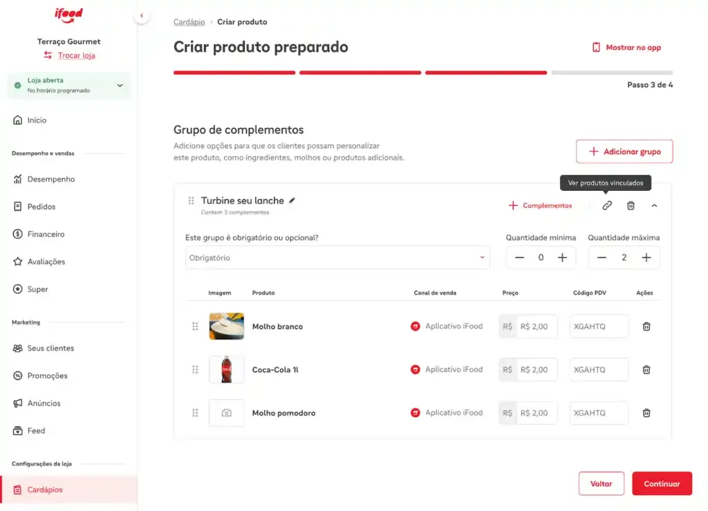 Interface de criação de cardápio dentro do gestor de pedidos iFood, com opções de complementos e preços configuráveis.