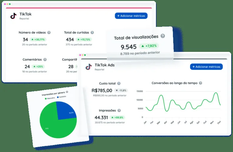 Relatório de desempenho de campanhas no TikTok Ads com métricas de visualizações, impressões e custo no Reportei