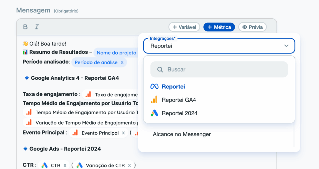 Métricas disponíveis nos relatórios via WhatsApp