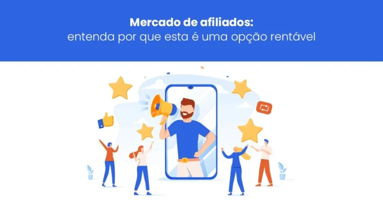 Ilustração de produtor digital com megafone dentro de um smartphone, representando o mercado de afiliados e sua rentabilidade