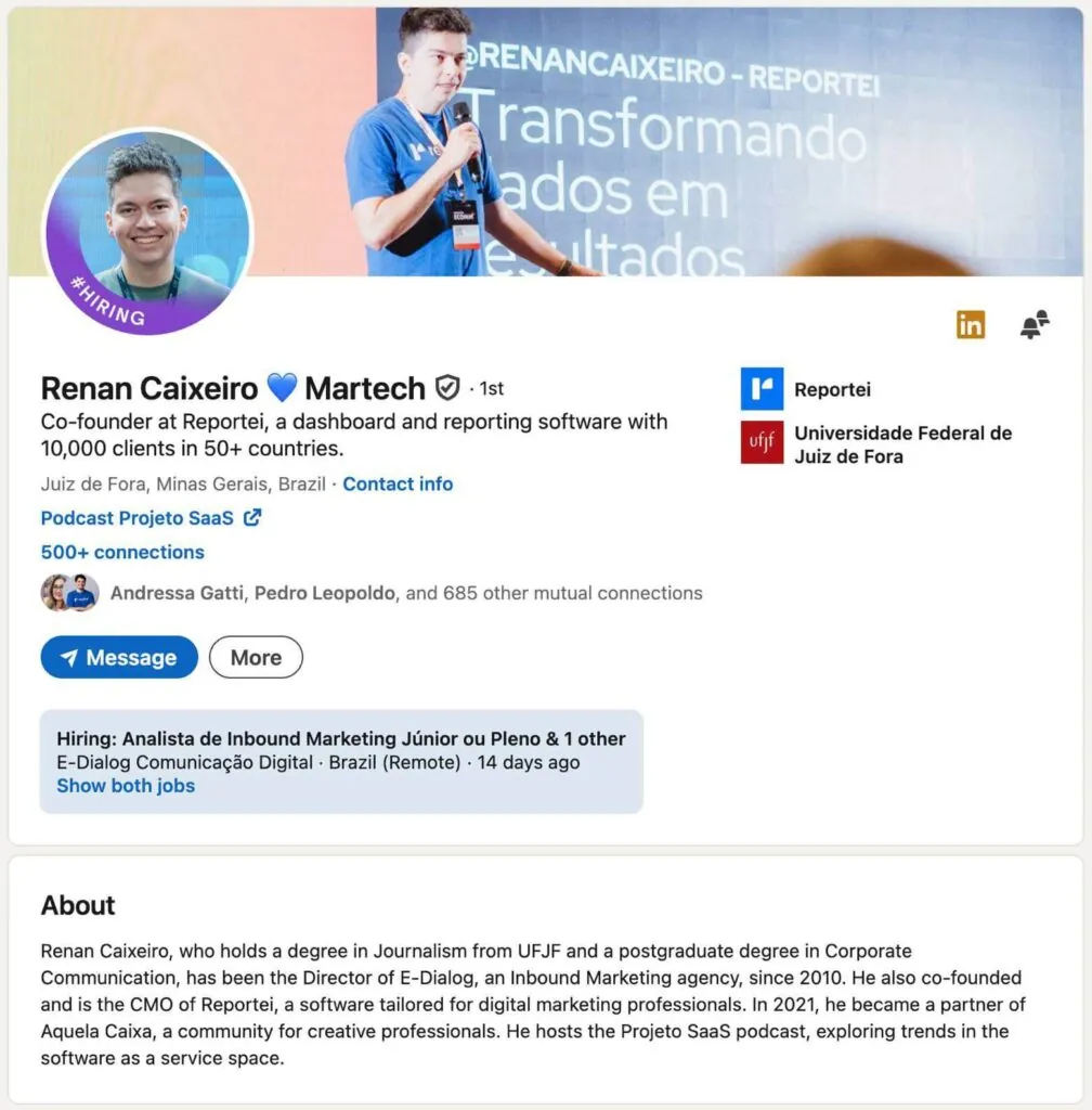 Captura de perfil do LinkedIn mostrando título, experiência e resumo.