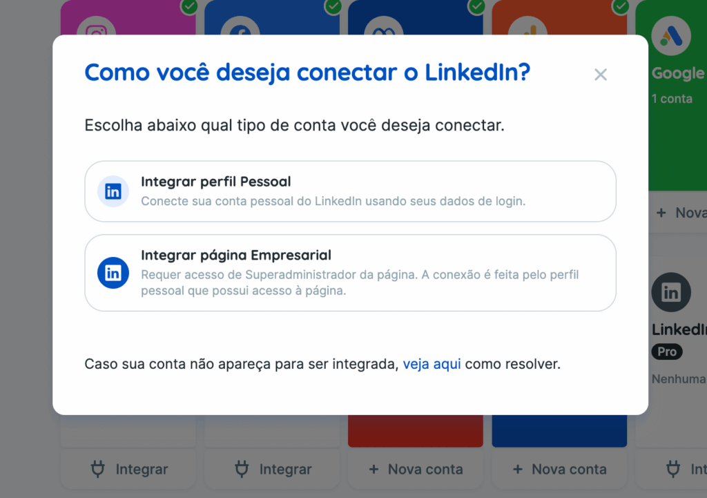 Integração LinkedIn e Reportei