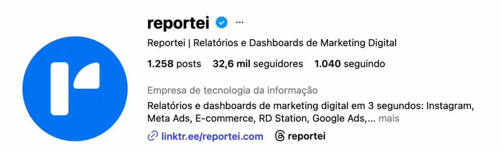 Perfil do Reportei no Instagram mostrando usuário verificado, seguidores e descrição da ferramenta de relatórios