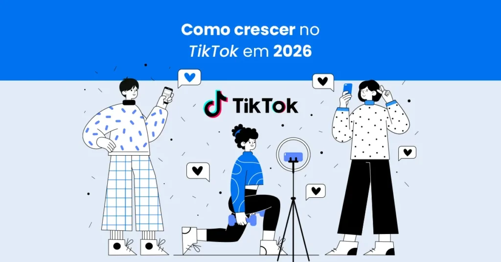 Ilustração sobre como crescer no TikTok com criadores produzindo conteúdo e interações na plataforma