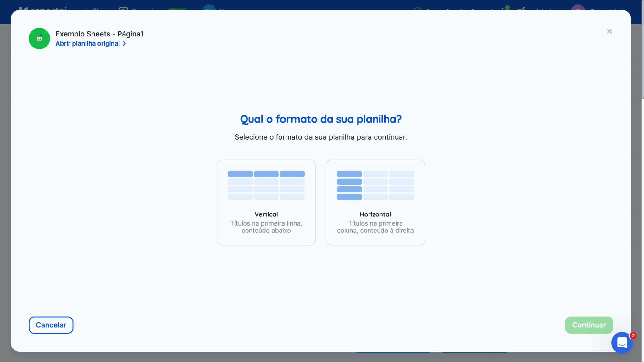 Escolha de formato da planilha do Google Sheets