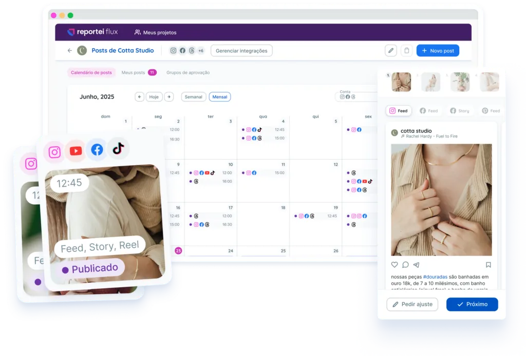 Interface do Reportei Flux, ideal para programar posts e crescer no TikTok