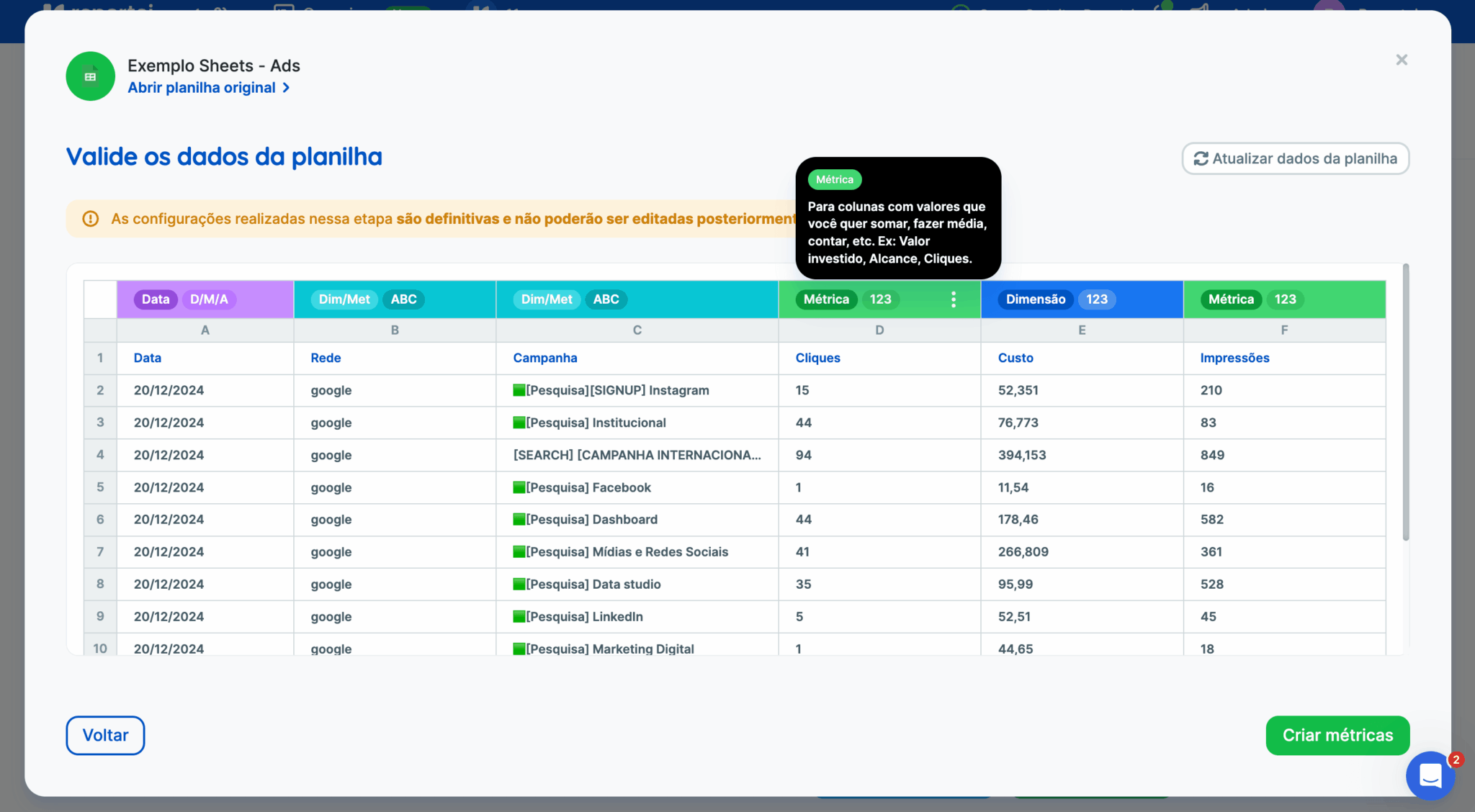 Validação de dados das planilhas