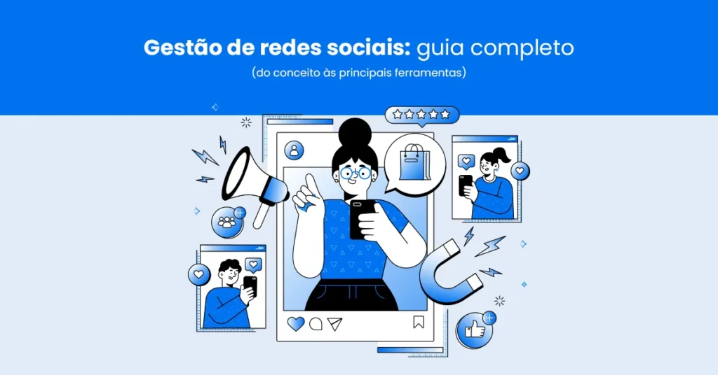 Ilustração sobre gestão de redes sociais com criação de conteúdo, engajamento e estratégias digitais
