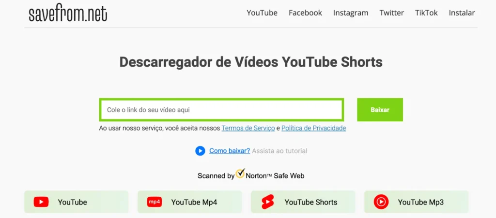 Baixar vídeos do YouTube Shorts por sites online com campo para inserir link e opção de download