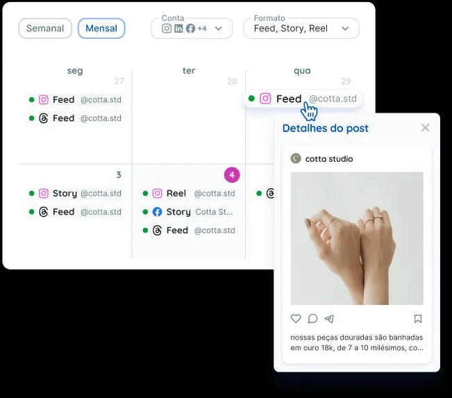 Calendário editorial do Reportei Flux com visualização de posts agendados para Instagram, incluindo Feed, Story e Reel