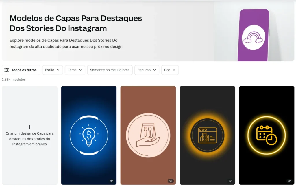 Modelos de capas para destaques do Instagram criados no Canva para organizar stories