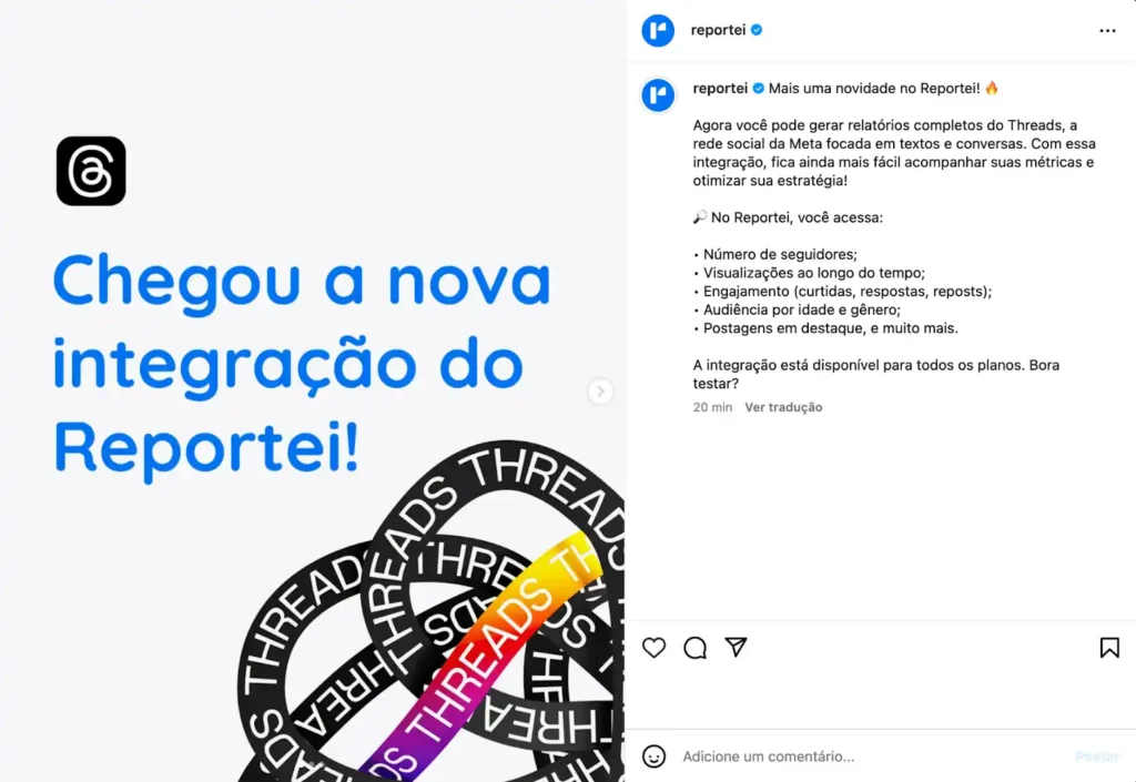 Exemplo de legenda para foto no Instagram Exemplo de legenda para Instagram com post do Reportei destacando automação e relatórios
