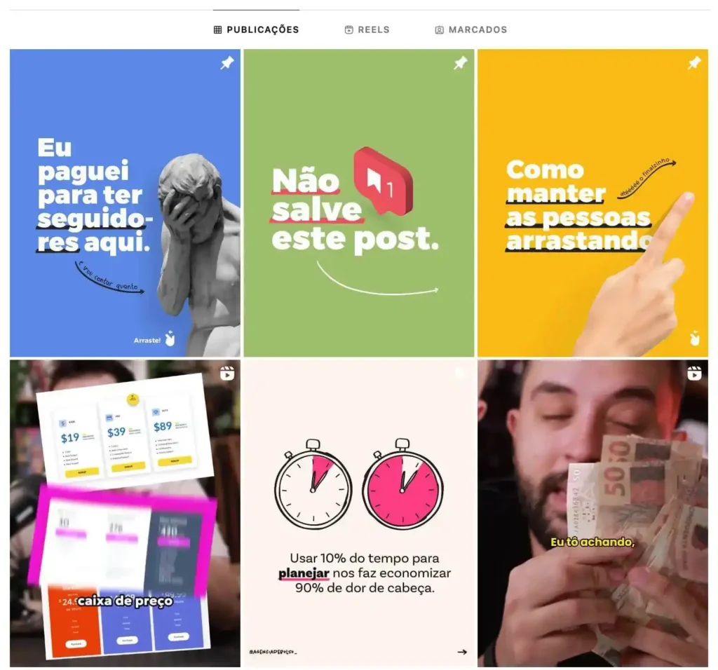 Feed do Instagram da Agência de Bolso mostrando diferentes tipos de posts e formatos de conteúdo