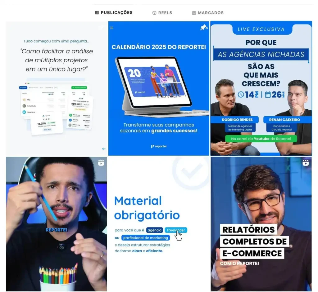 Perfil com publicações organizadas no feed do Instagram do Reportei usadas em estratégia de marketing digital