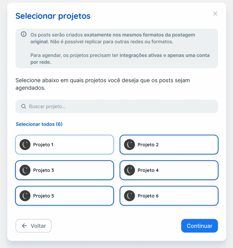 Modal para selecionar os projetos para replicar o post