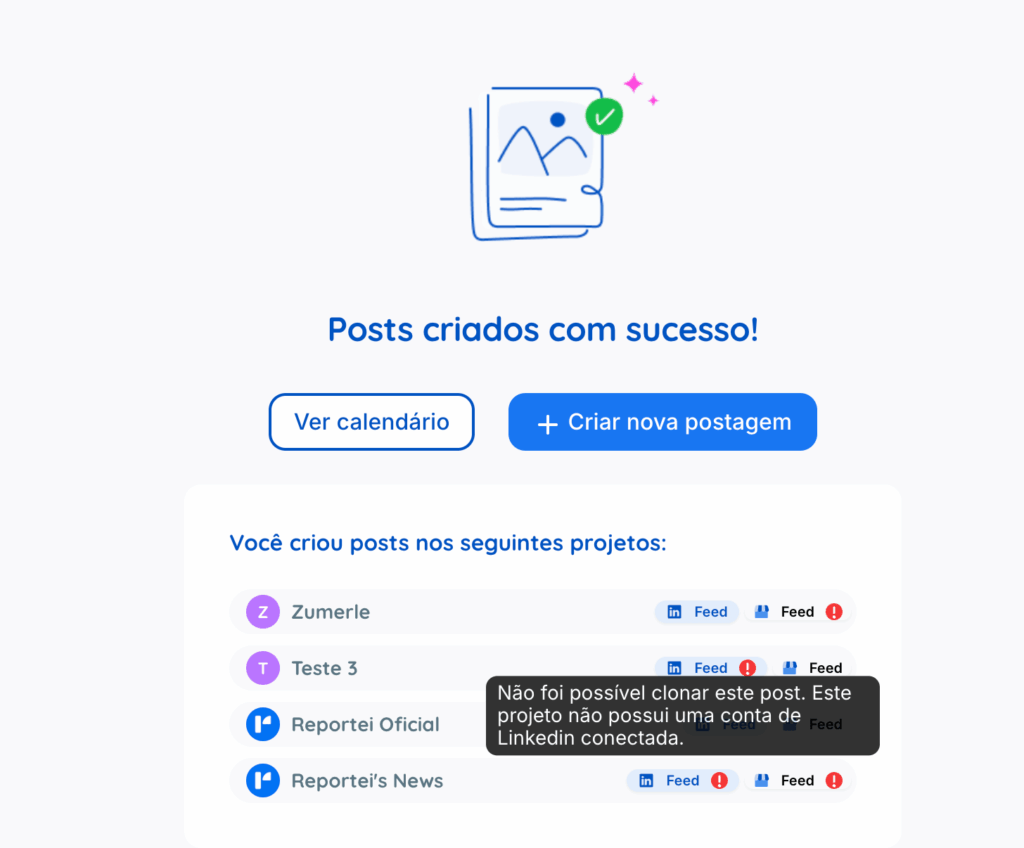 Tela de confirmação dos posts replicados