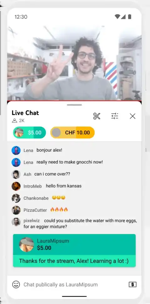 Monetização do YouTube com superchat em live mostrando doações e mensagens destacadas no chat