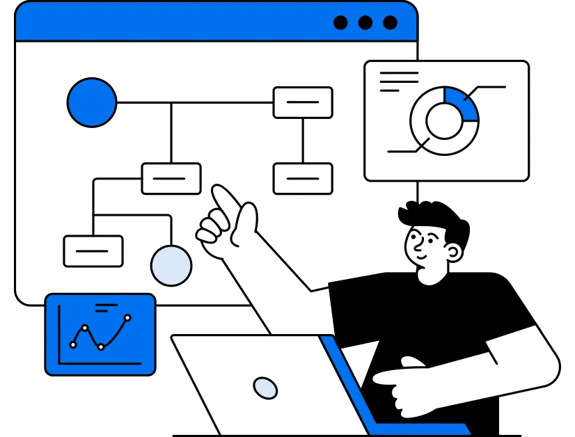 Ilustração de profissional analisando fluxograma para explicar o que é workflow