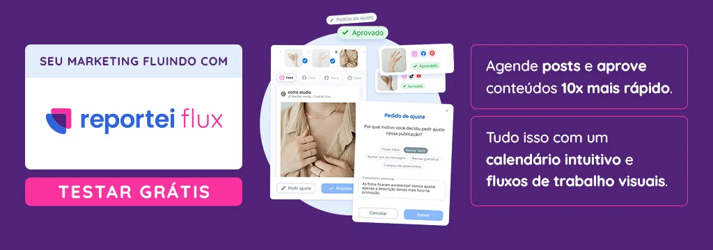 Interface do Reportei Flux mostrando como programar stories no Instagram e aprovar conteúdos 10x mais rápido