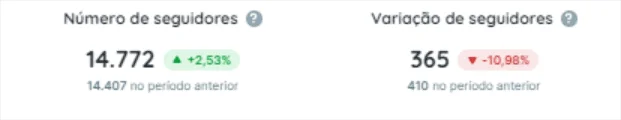 Painel com número total e variação de seguidores no Instagram, destacando crescimento e queda no período analisado.