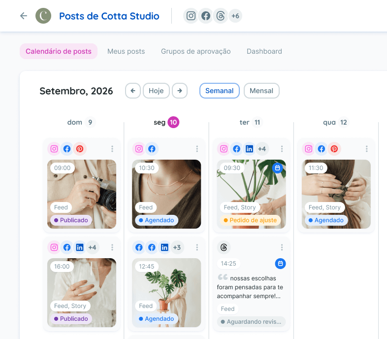 Calendário de posts no Reportei Flux