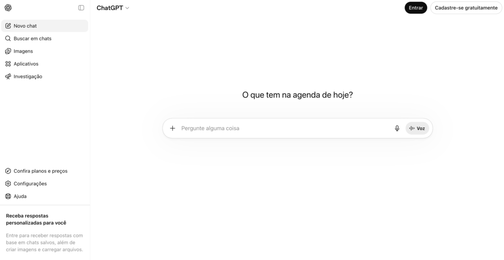 Página inicial da ferramenta de IA ChatGPT