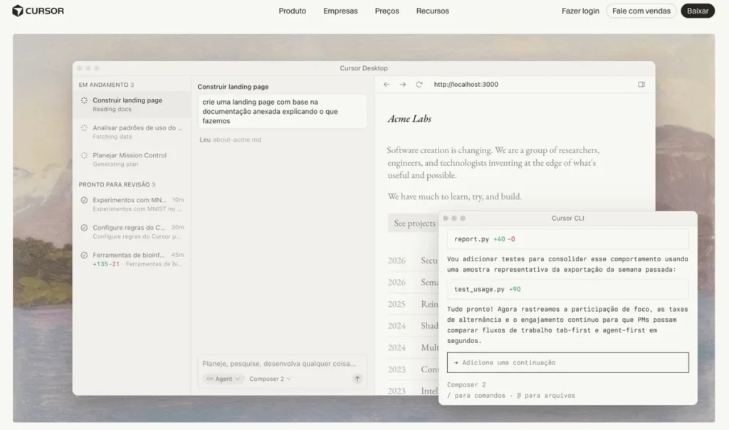 Página inicial do Cursor, ferramenta de IA generativa para desenvolvimento de software com agente de código