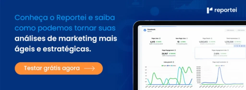 Banner do Reportei com CTA para teste grátis, ferramenta de IA para análise de marketing digital