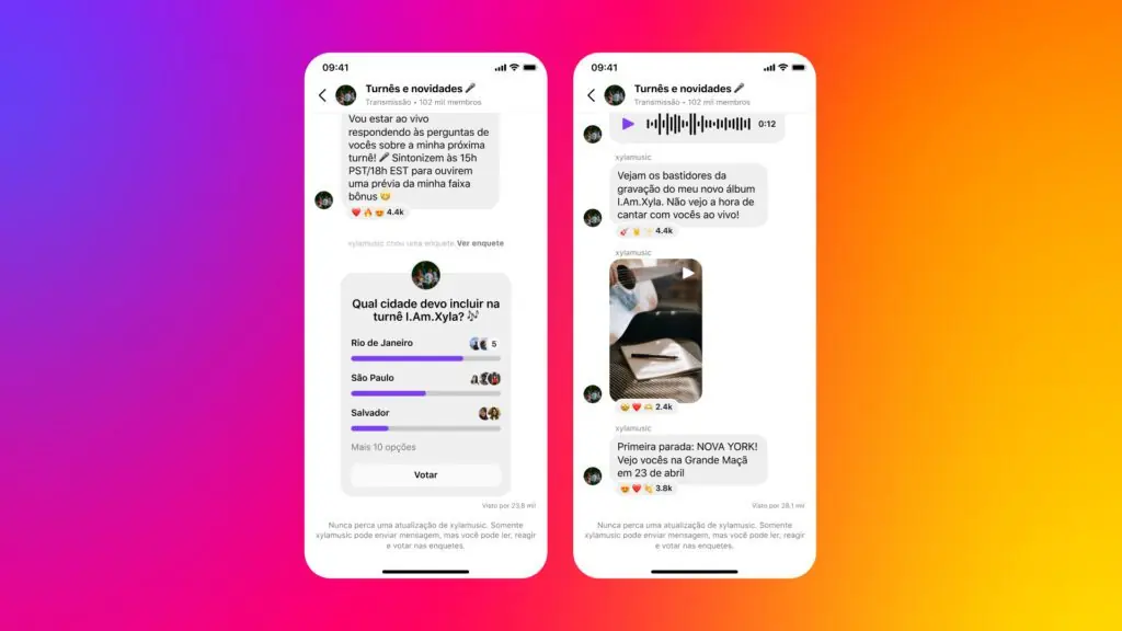 Telas de celular mostrando exemplo de canal no Instagram com enquete e mensagens