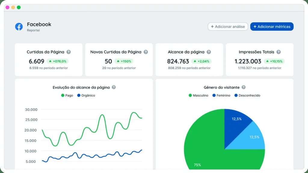 Dashboard de vendas da plataforma Reportei mostrando crescimento de inscritos, distribuição por idade e gênero, e tabela de países