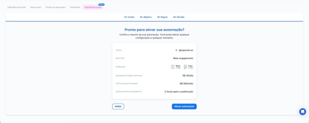 Ativação da automação para impulsionar uma publicação no Instagram pelo Flux