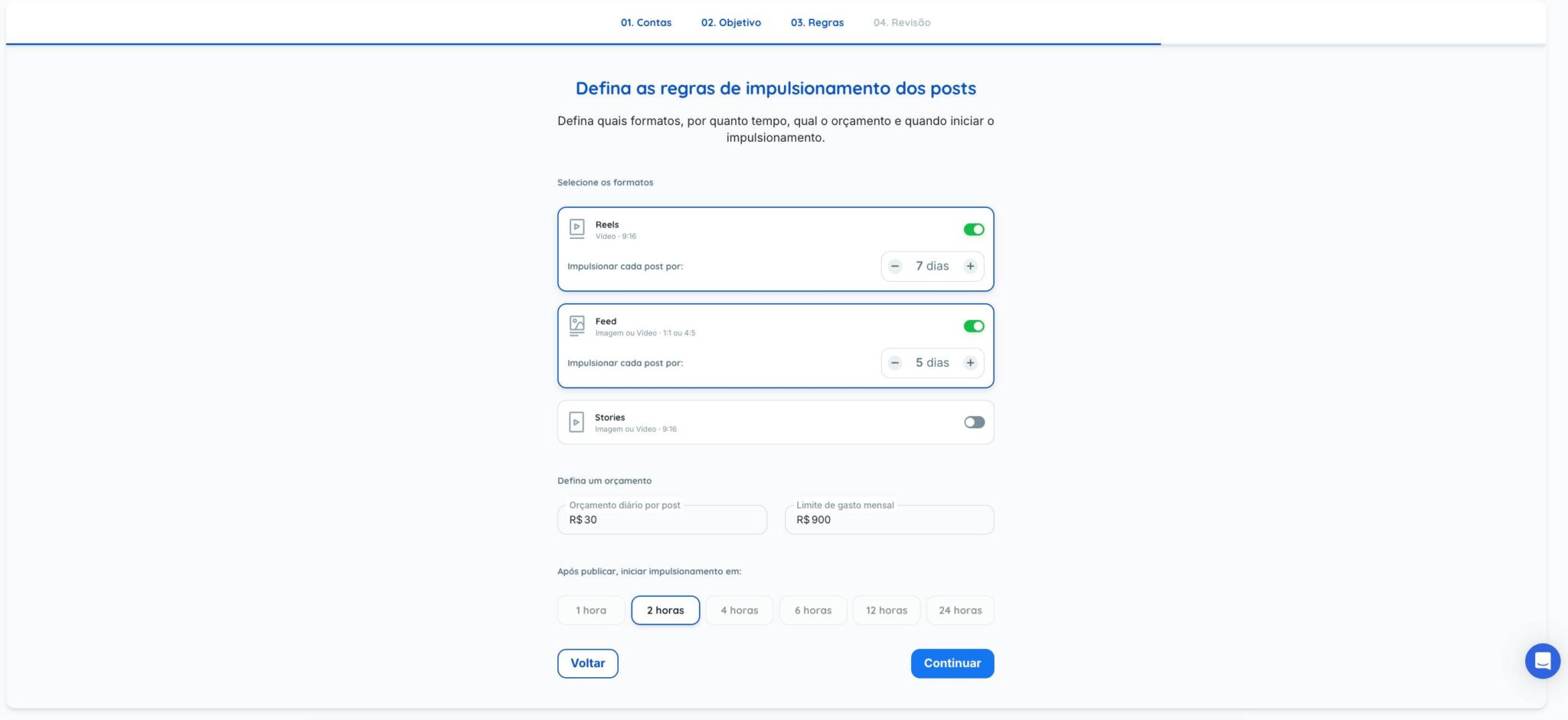 Definição de regras no Reportei Flux para determinar quanto custa para impulsionar um post no Instagram